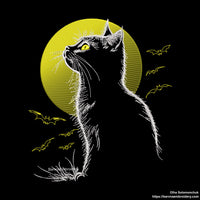 Spooky Halloween embroidery design with cat silhouette, moon, and bats – perfect for stitching on dark fabric.