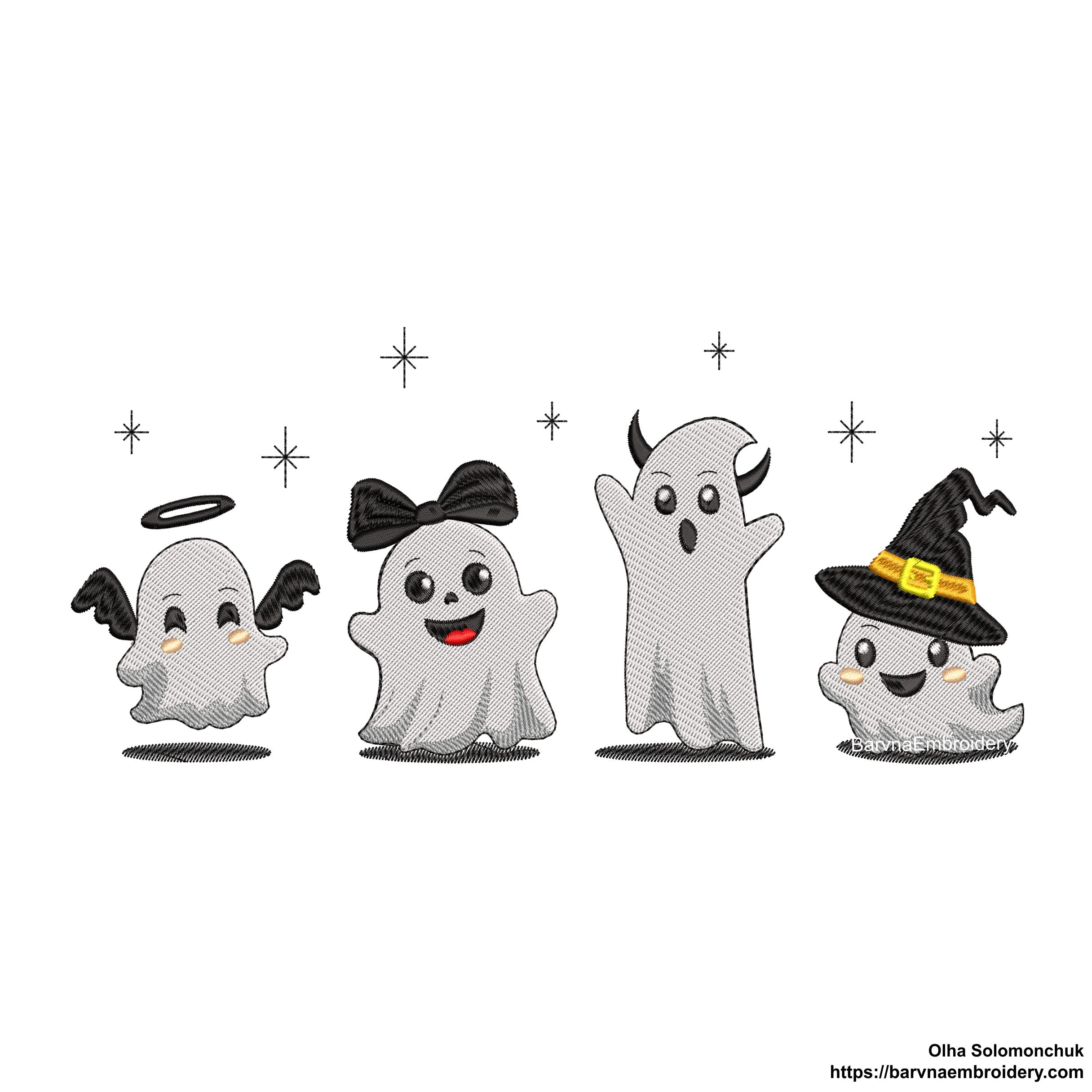 Halloween embroidery design with four cute funny ghosts – perfect for spooky seasonal sewing projects.