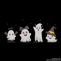 Halloween embroidery design with four cute funny ghosts – perfect for spooky seasonal sewing projects.