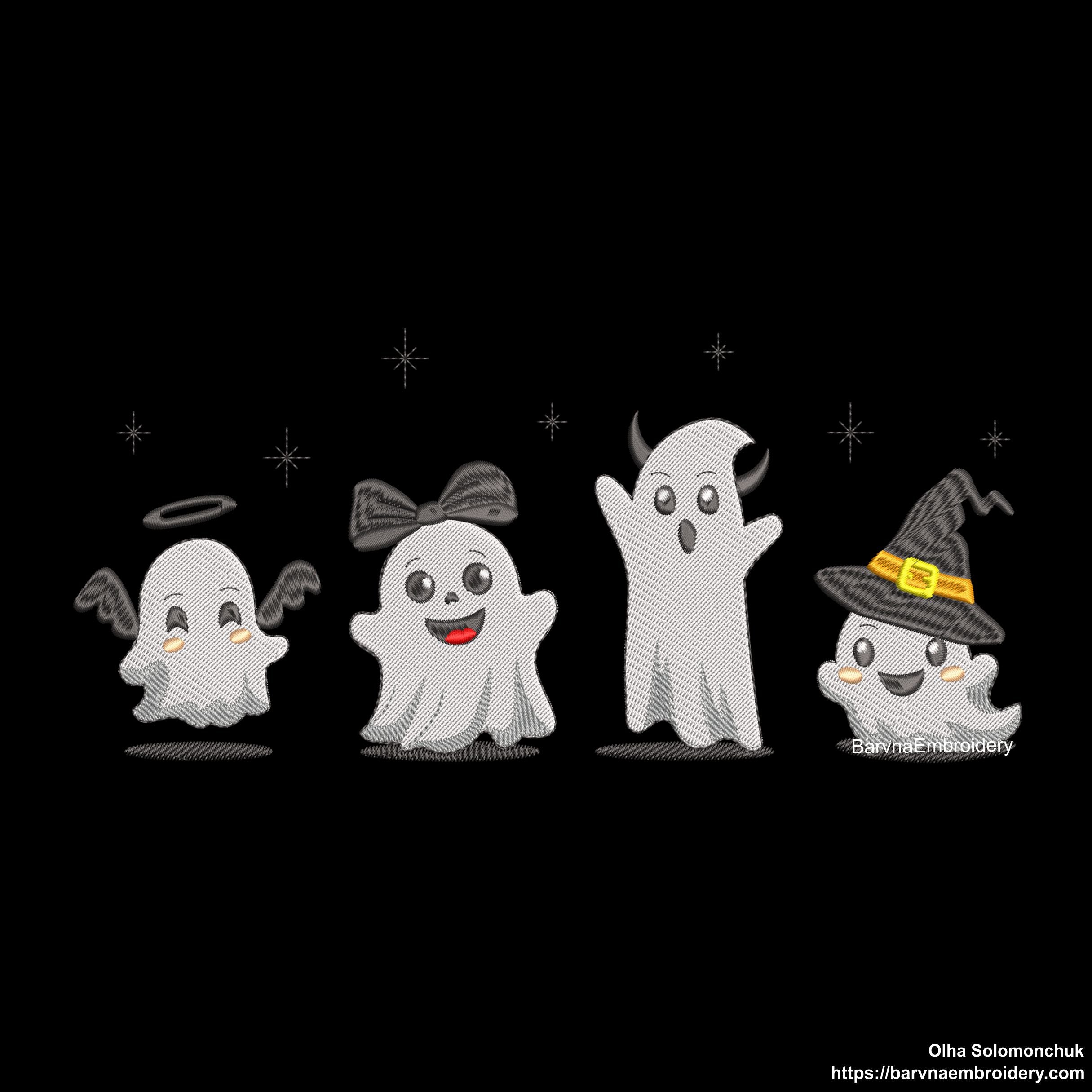 Halloween embroidery design with four cute funny ghosts – perfect for spooky seasonal sewing projects.