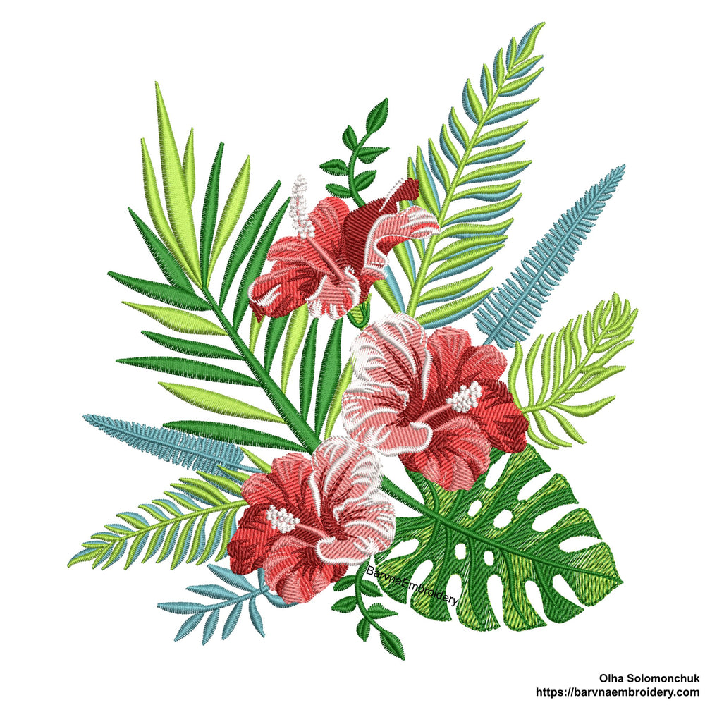 Hibiscus flowers embroidery designs. Hawaiian flowers embroidery design. Tropical embroidery designs