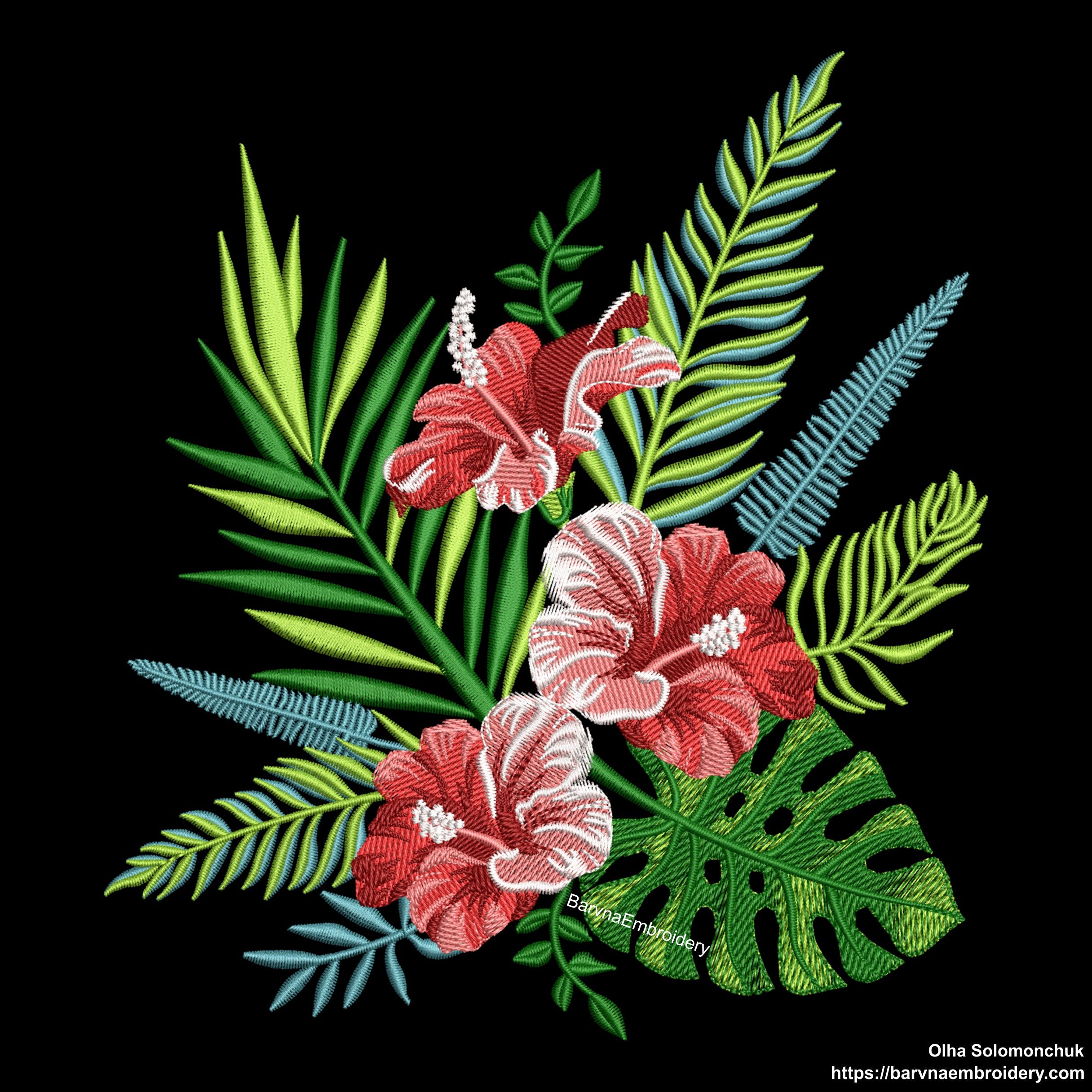 Hibiscus flowers embroidery designs. Hawaiian flowers embroidery design. Tropical embroidery designs