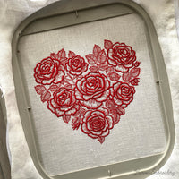 Red floral heart machine embroidery design with detailed flowers in a single color style, romantic love themed embroidery pattern.