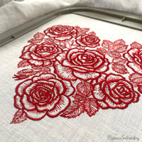 Red floral heart machine embroidery design with detailed flowers in a single color style, romantic love themed embroidery pattern.