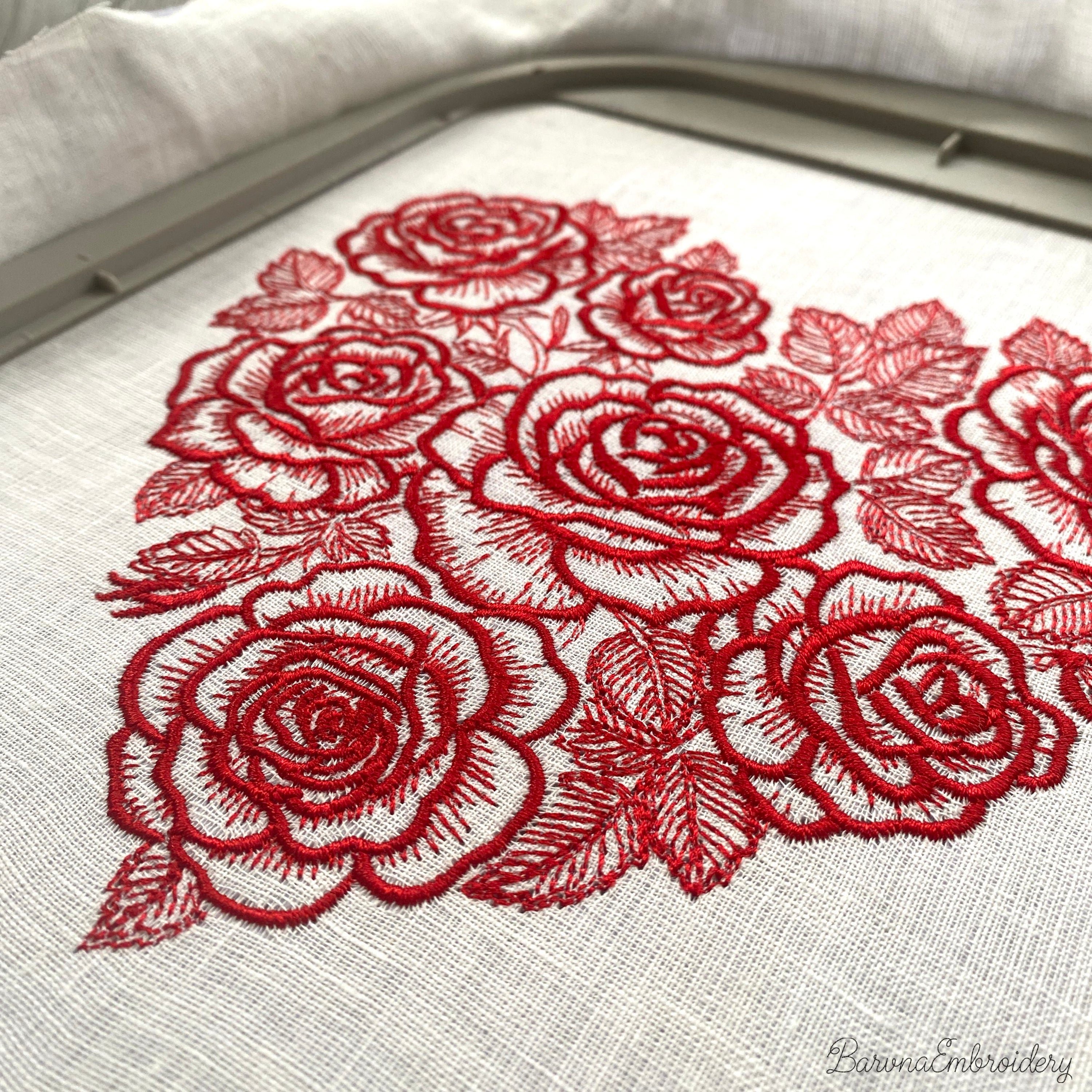 Red floral heart machine embroidery design with detailed flowers in a single color style, romantic love themed embroidery pattern.