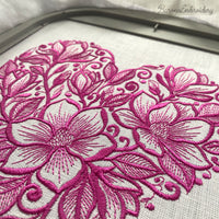Floral heart machine embroidery design in one color with soft botanical shapes, elegant love themed embroidery pattern.