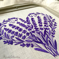 Botanical heart Lavender machine embroidery design in one color with delicate floral fill, romantic embroidery artwork.