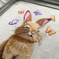 Cute bunny machine embroidery design with butterflies, spring animal embroidery pattern for children projects