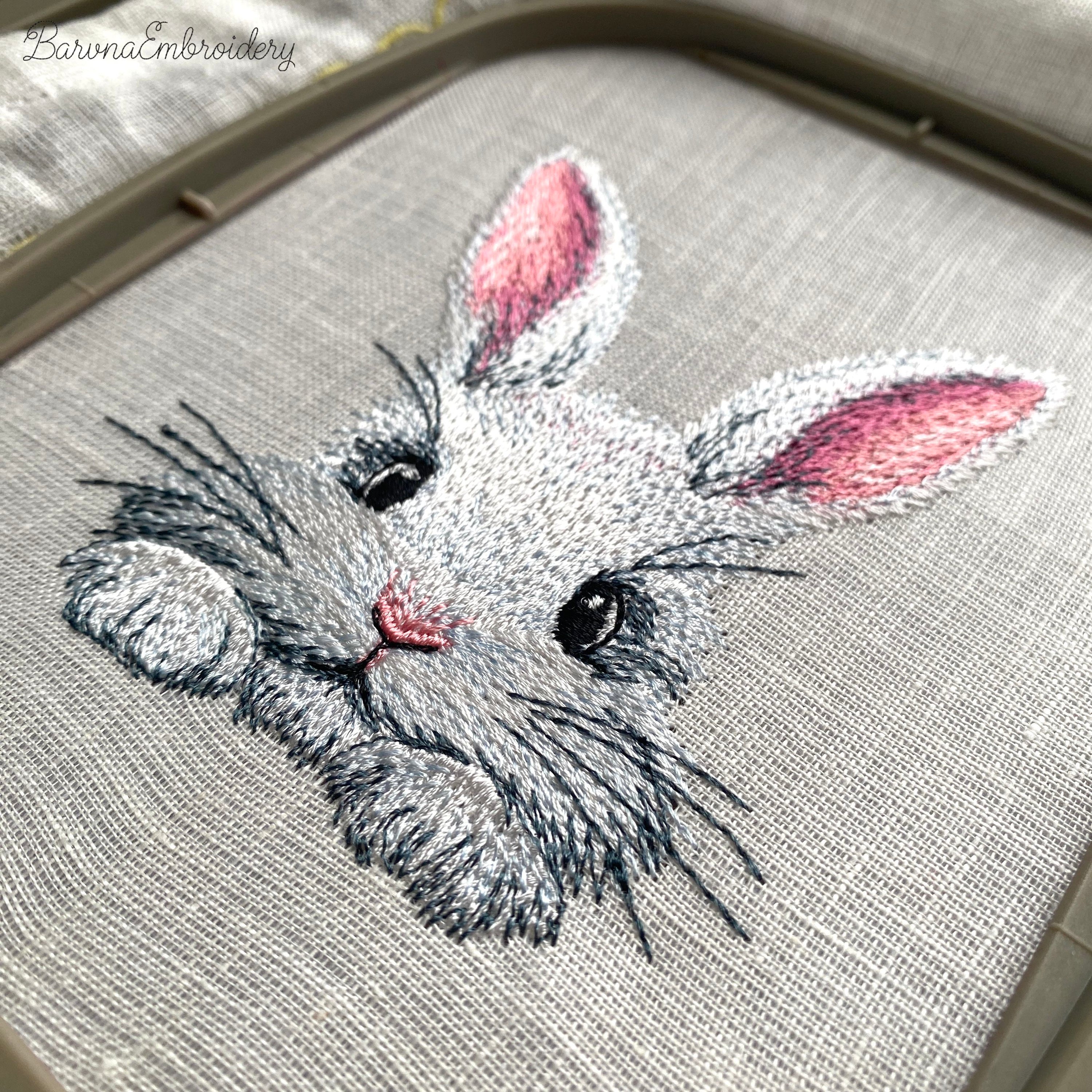 Cute bunny machine embroidery design in realistic style, rabbit face embroidery for spring and seasonal textile projects