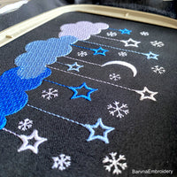 Machine embroidery designs. Winter night sky embroidery designs. Christmas, Snowflakes, Clouds, Stars. Instant download