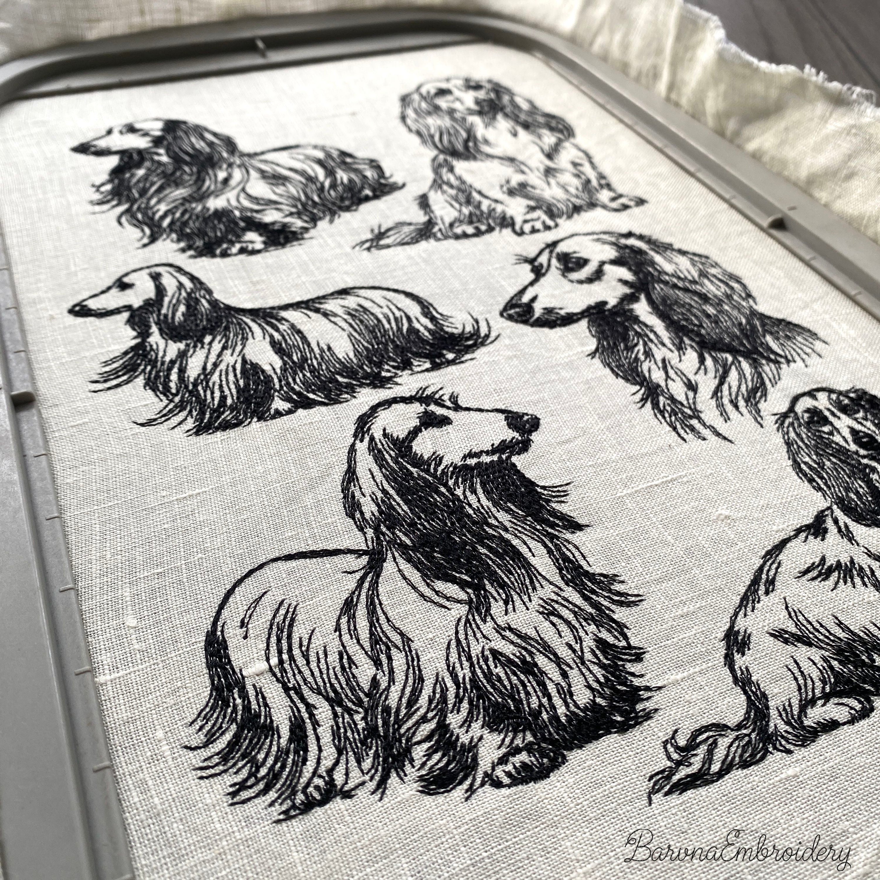 Long haired dachshund minimalist line art machine embroidery file in single color style.