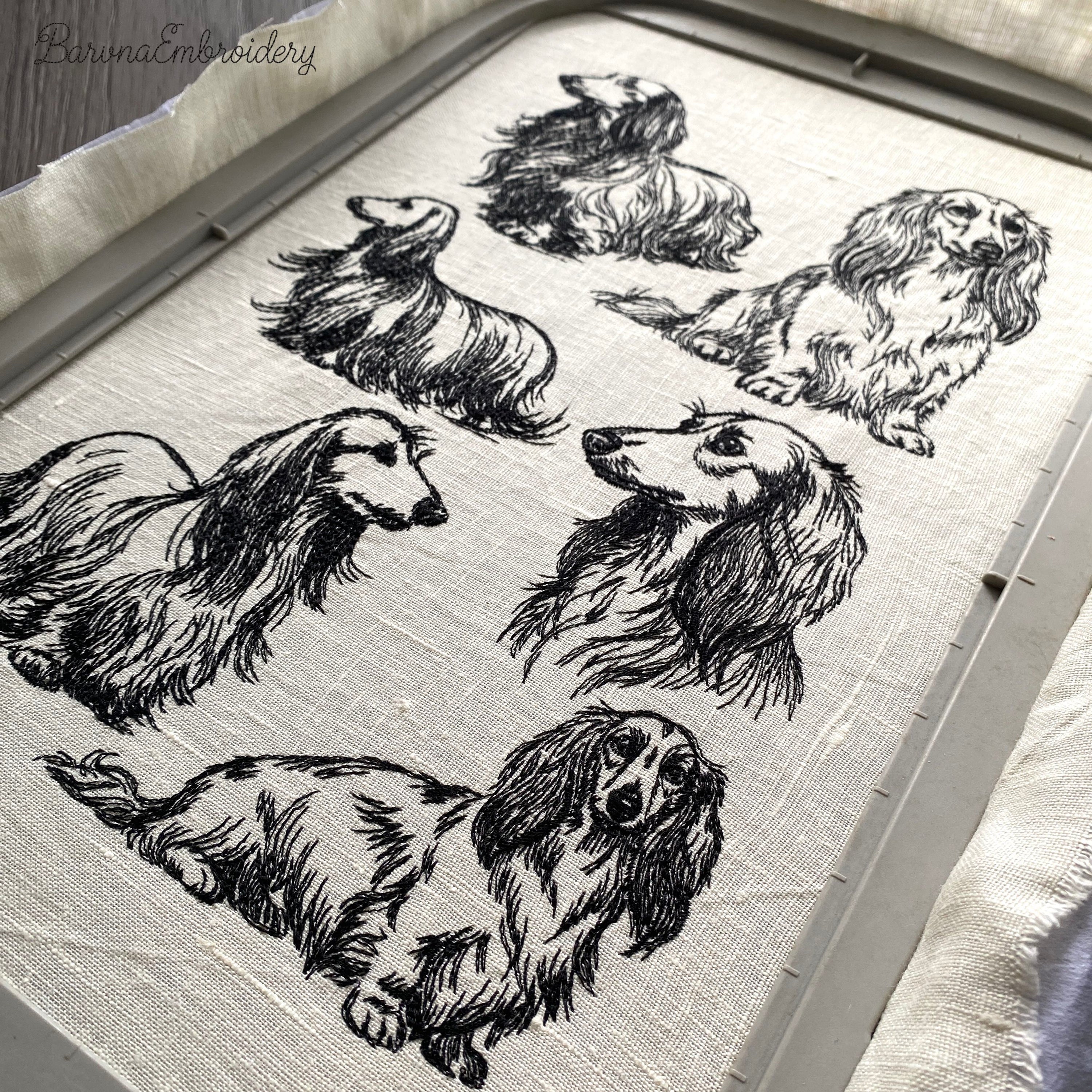 Long haired dachshund side profile portrait line art embroidery pattern.