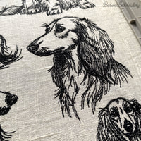 Long haired dachshund side profile portrait line art embroidery pattern.