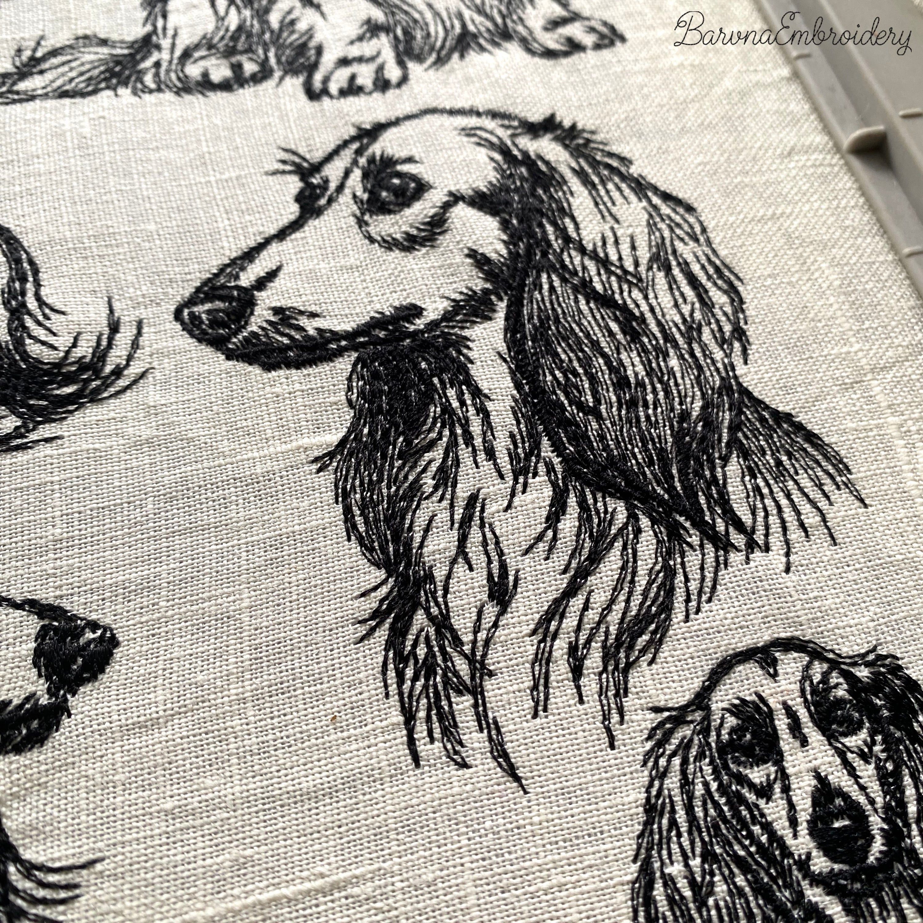Long haired dachshund side profile portrait line art embroidery pattern.