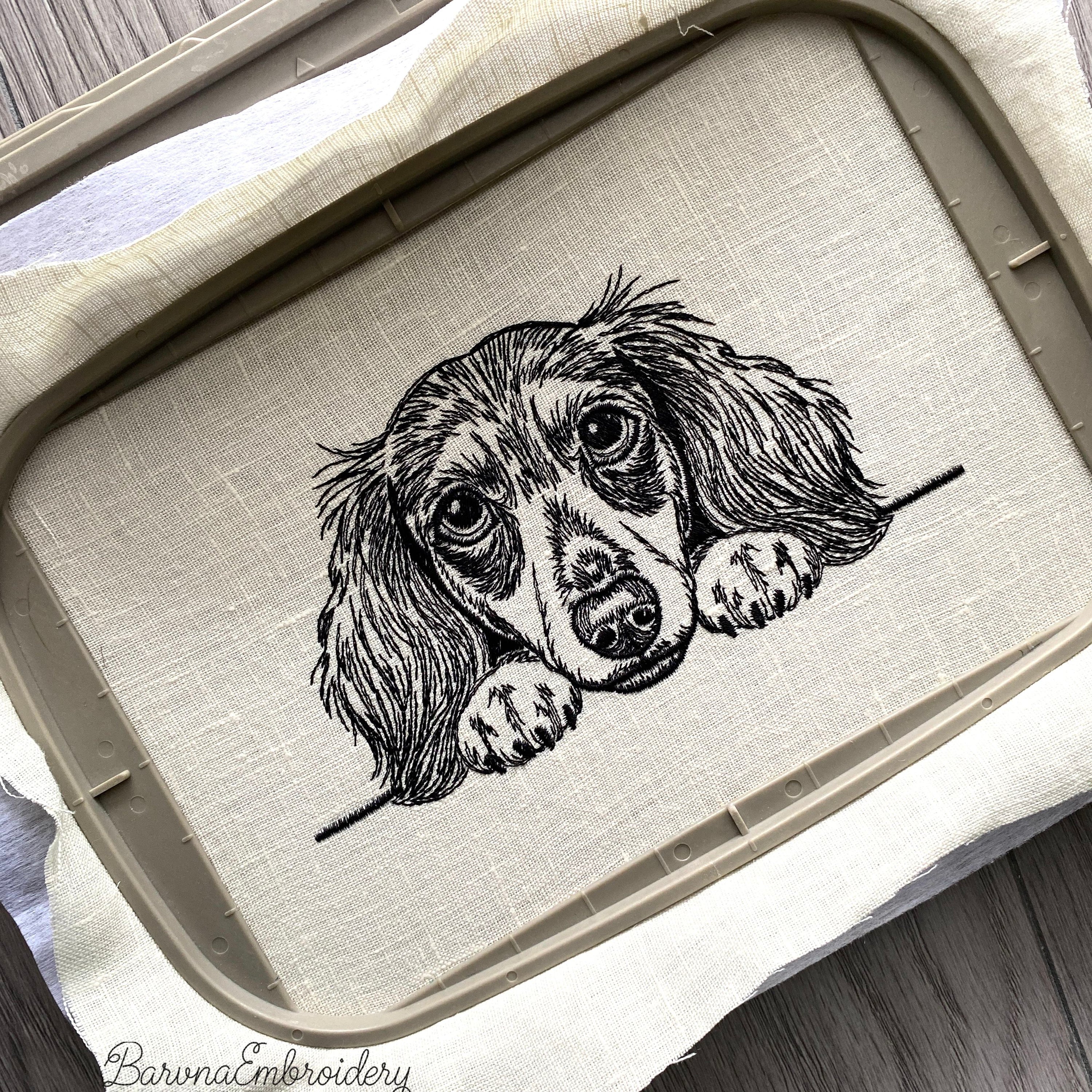 Long haired dachshund head and paws peeking line art embroidery design digital file.