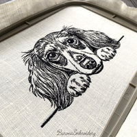 Long haired dachshund line art machine embroidery bundle with fourteen designs.