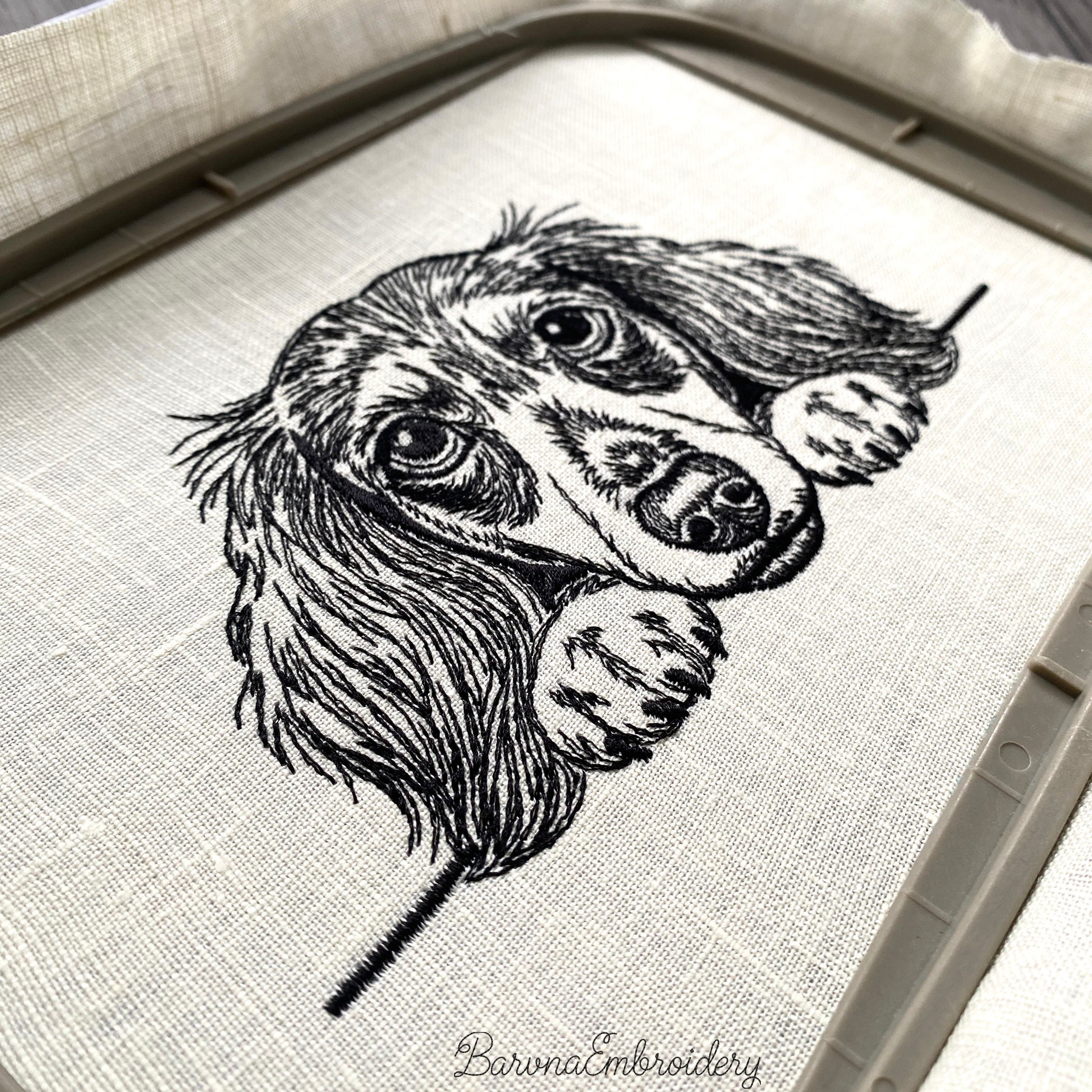 Long haired dachshund head and paws peeking line art embroidery design digital file.