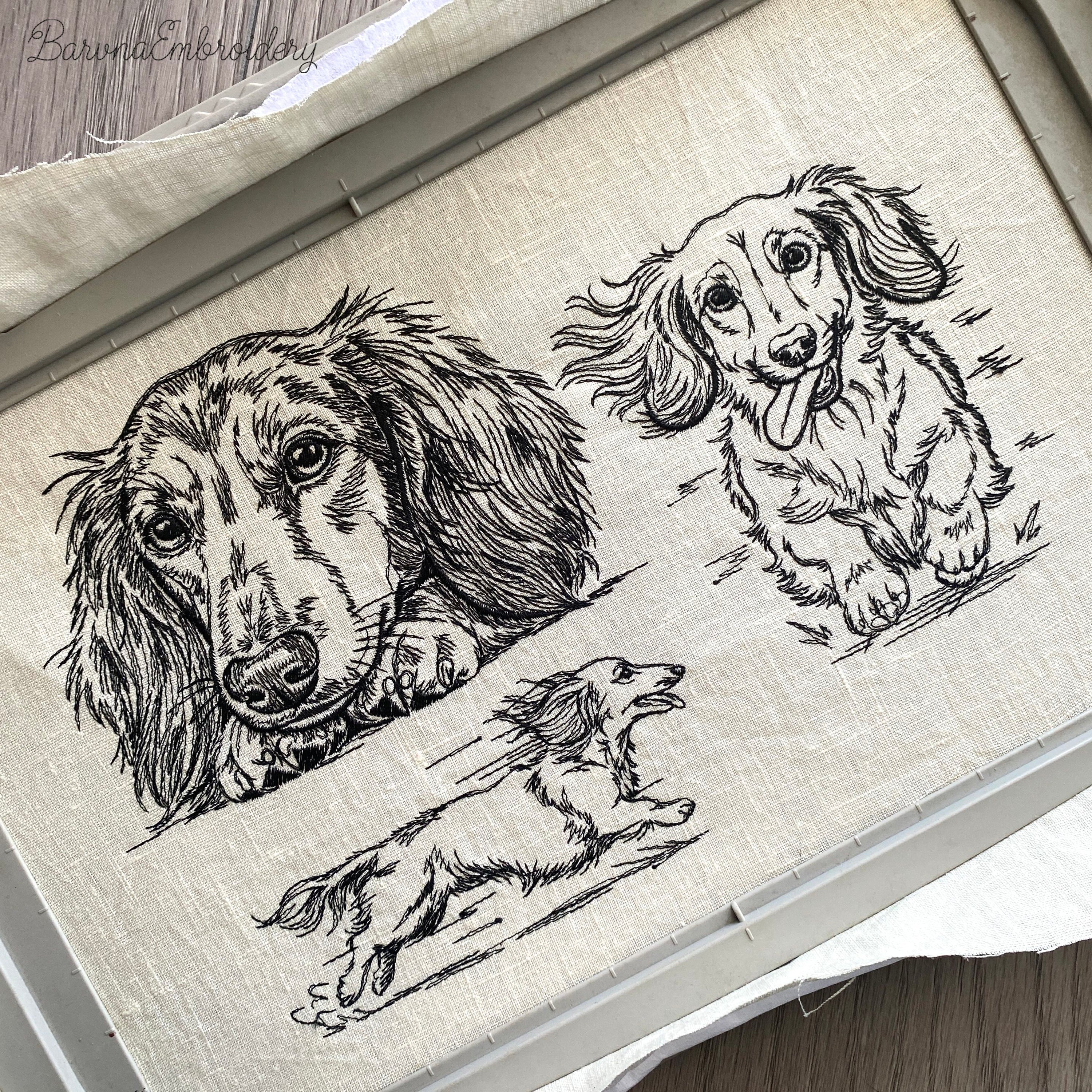 Long haired dachshund line art machine embroidery bundle with fourteen designs.