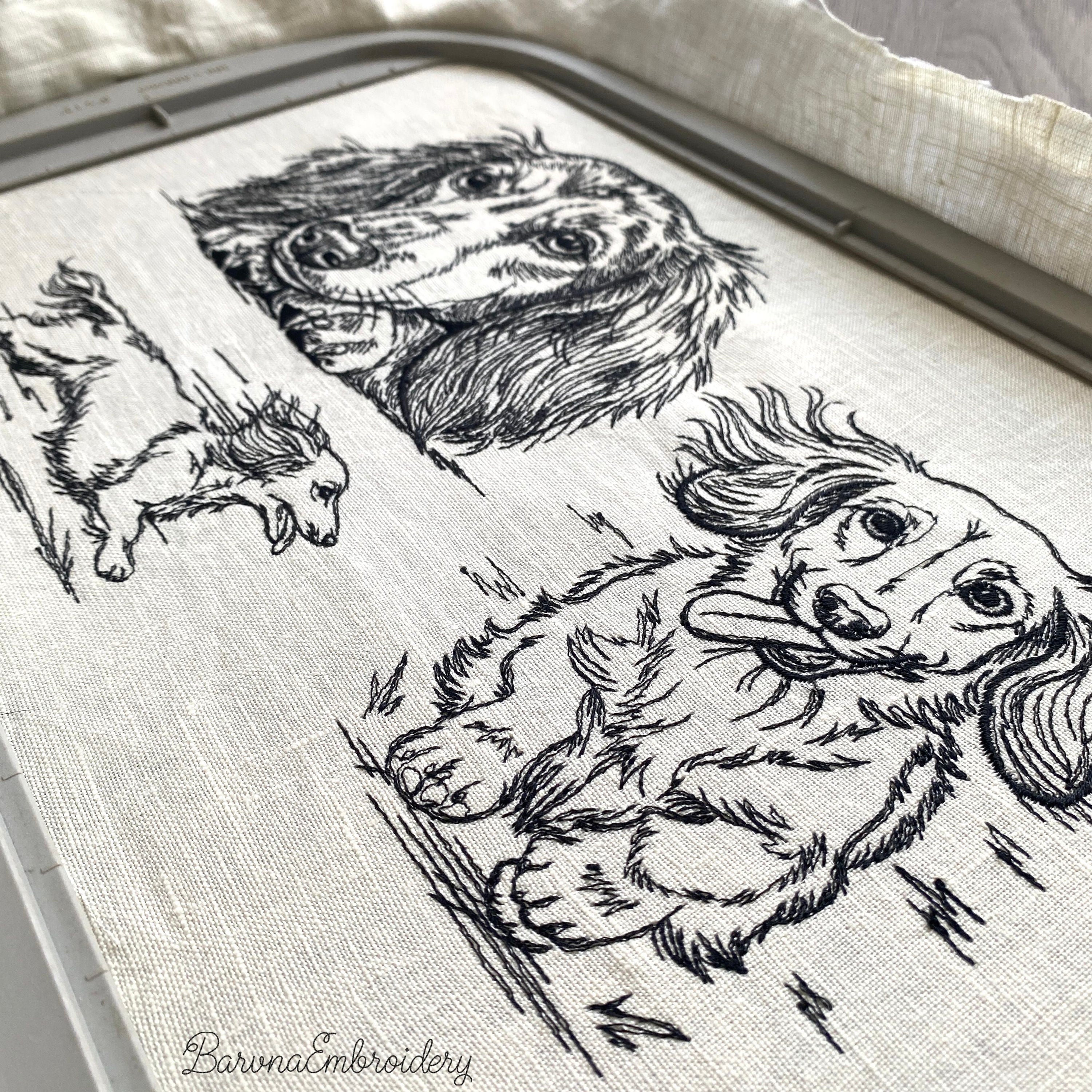 Long haired dachshund running front view line art embroidery file.