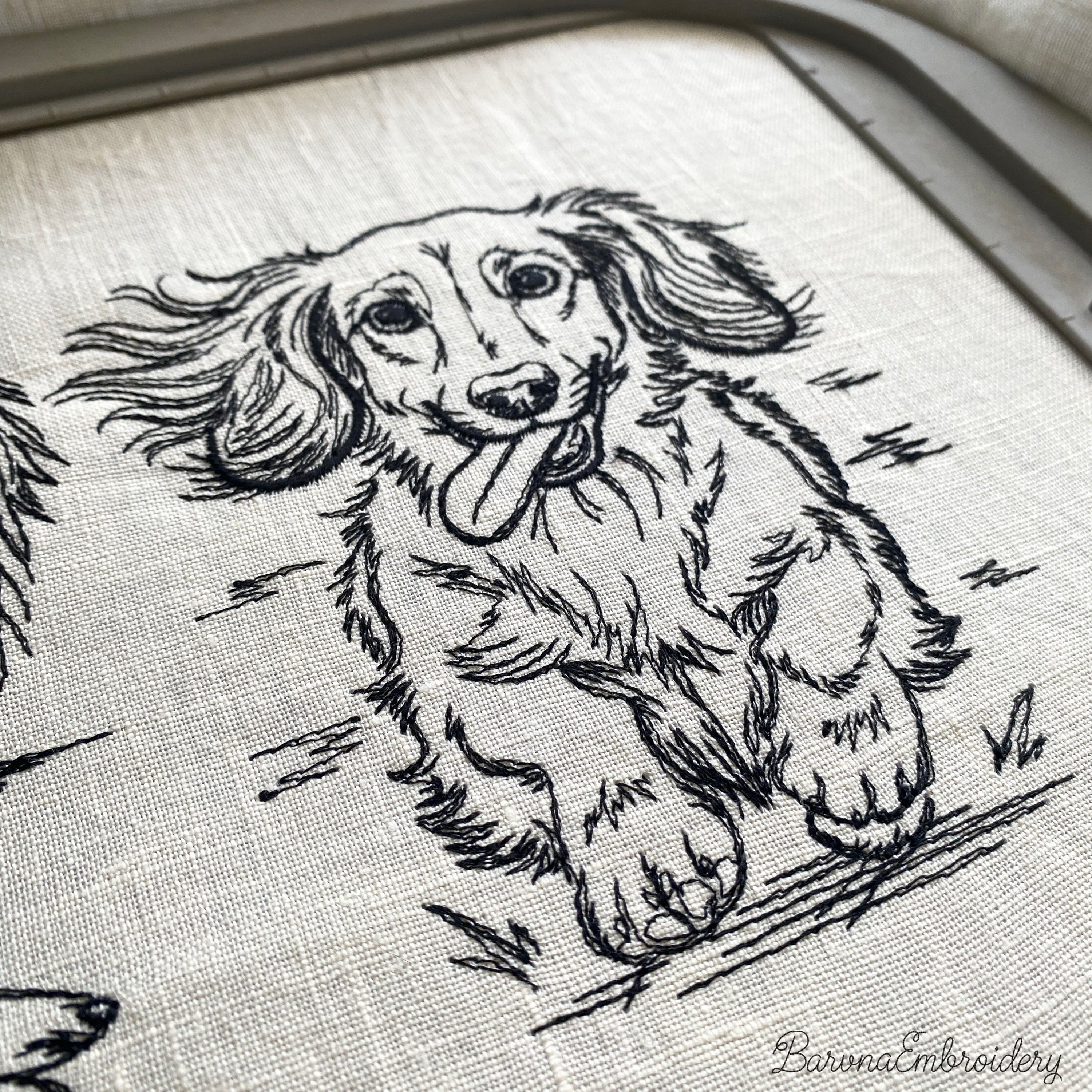 Long haired dachshund running front view line art embroidery file.