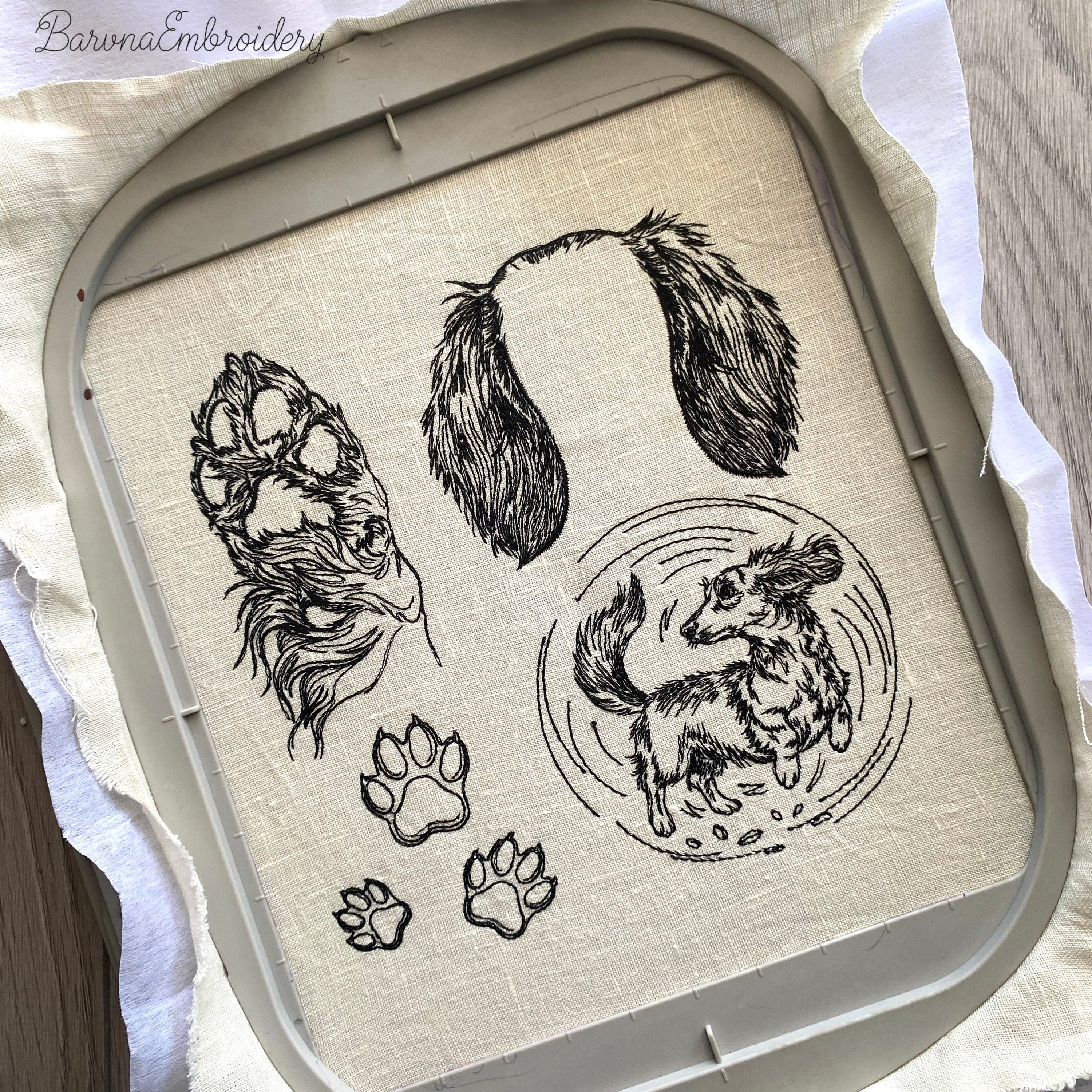 Long haired dachshund line art machine embroidery bundle with fourteen designs.