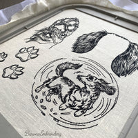 Long haired dachshund jumping joyful line art embroidery design.