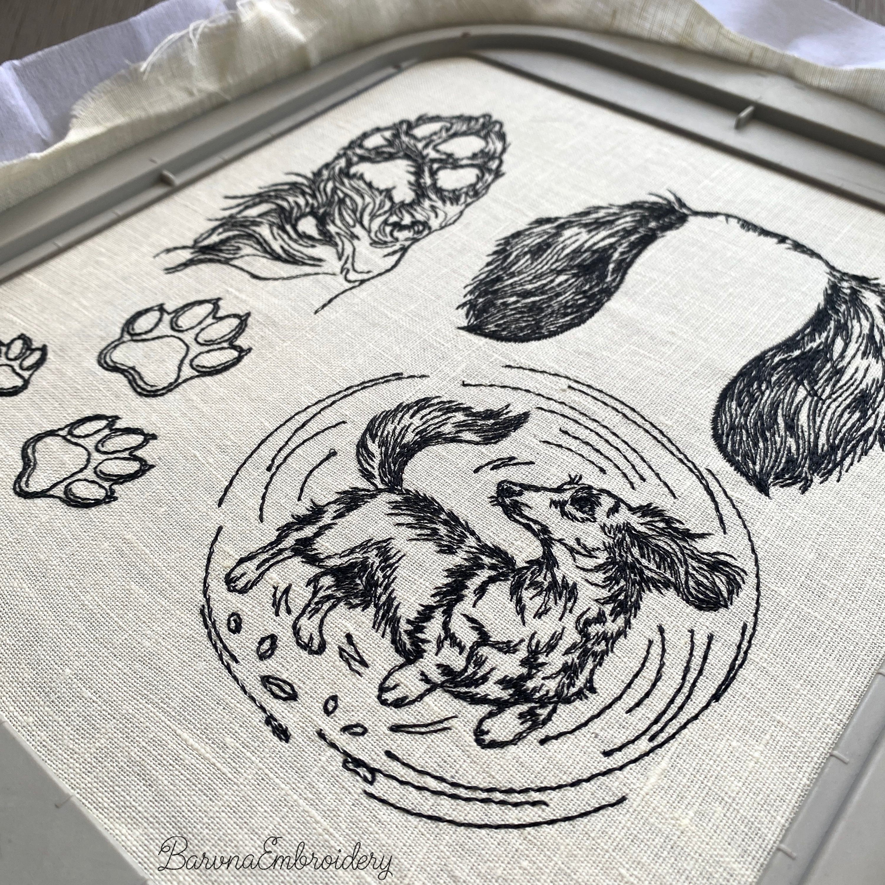 Long haired dachshund jumping joyful line art embroidery design.