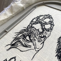 Long haired dachshund line art machine embroidery bundle with fourteen designs.