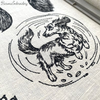 Long haired dachshund jumping joyful line art embroidery design.