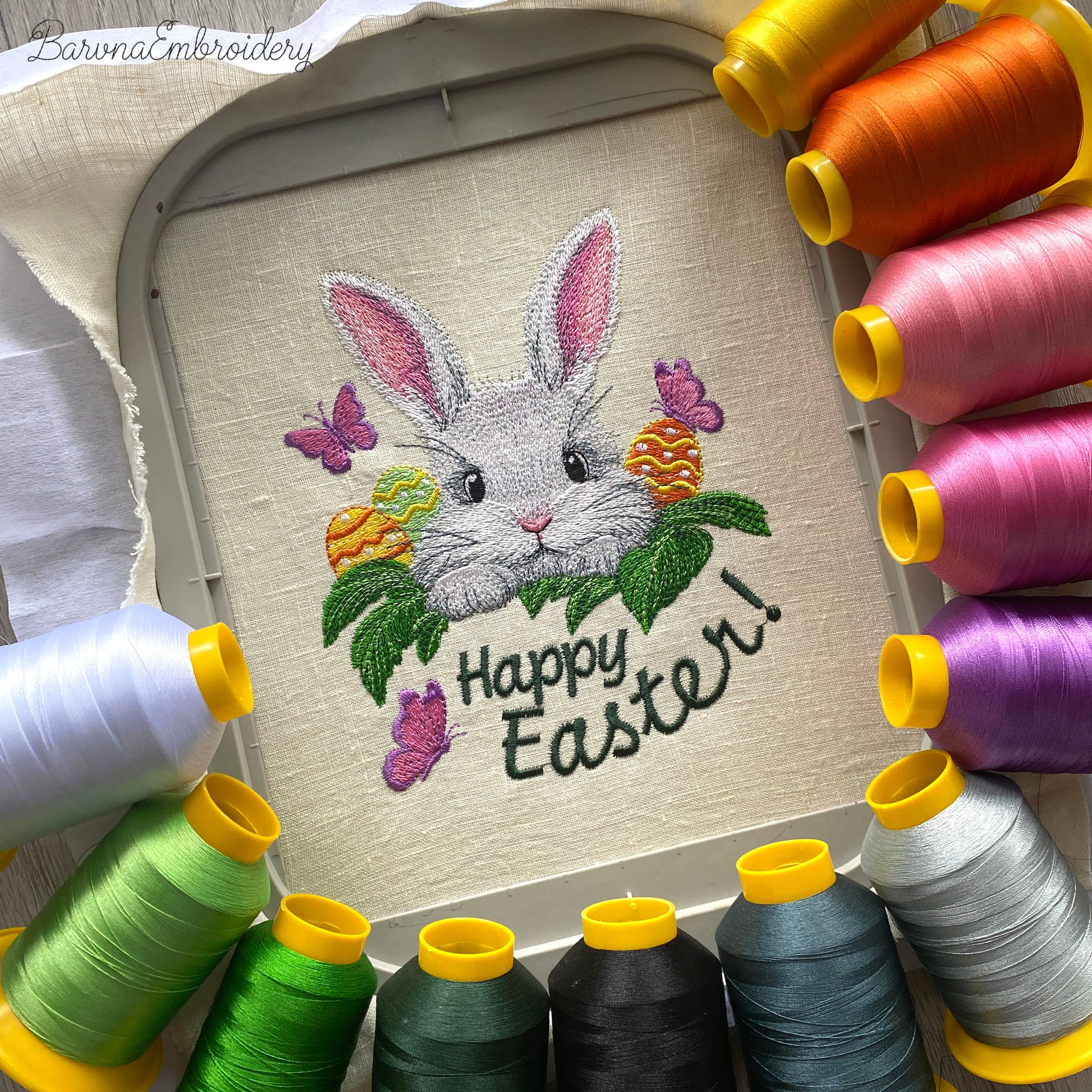 Easter bunny machine embroidery design with spring elements, cute rabbit embroidery with holiday theme