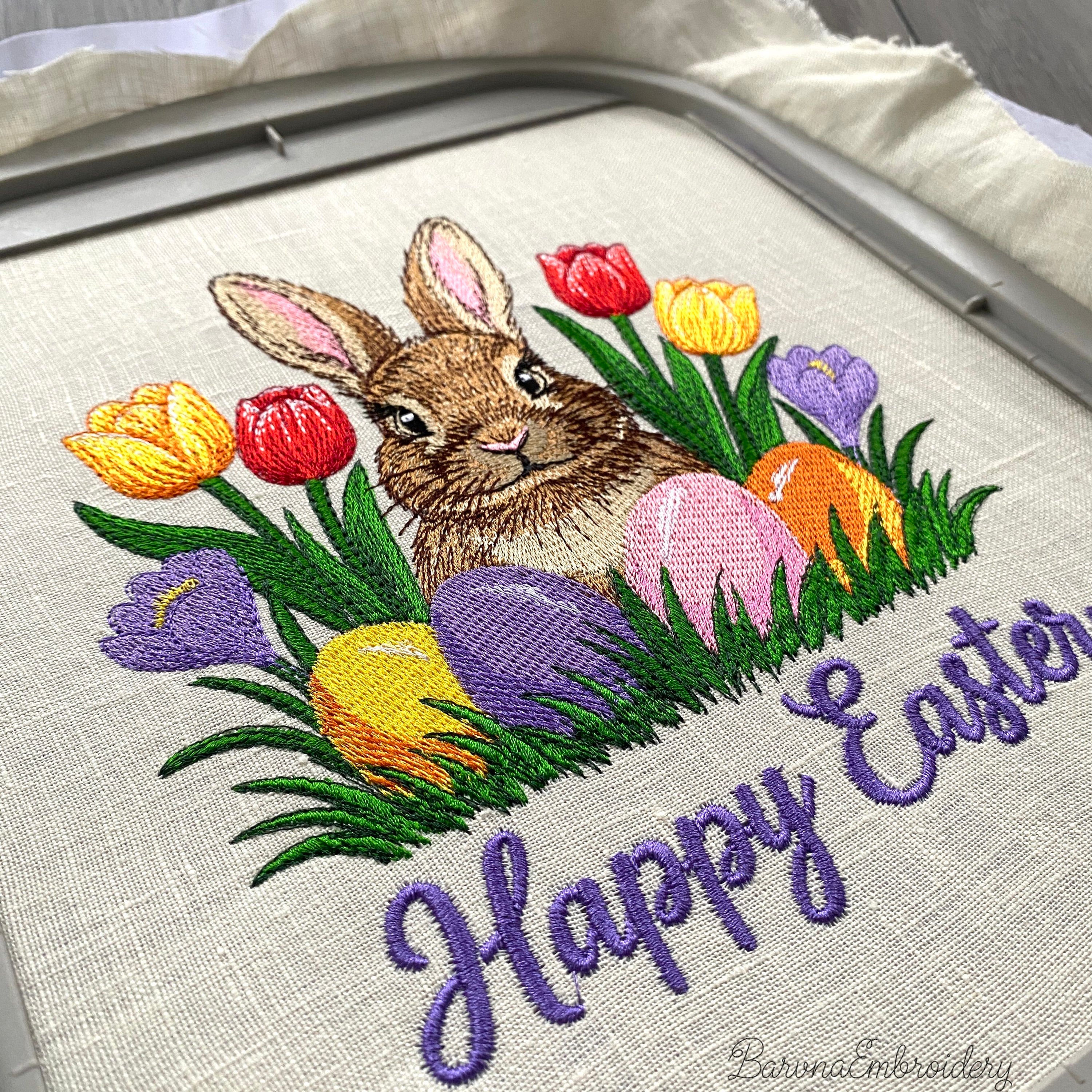 Easter bunny embroidery design with spring flowers eggs and Happy Easter text