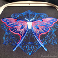Four luna moth machine embroidery designs with celestial and decorative elements
