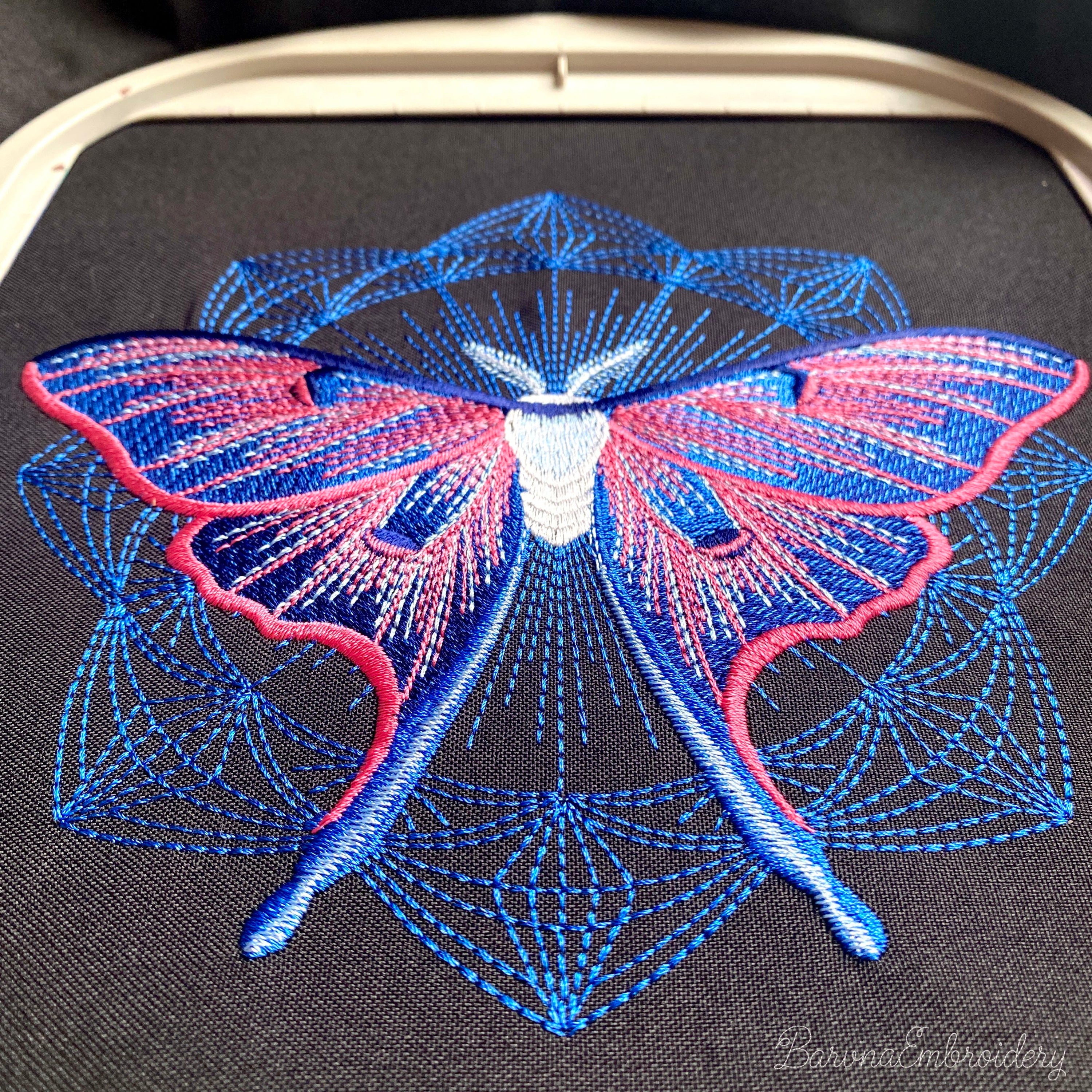 Four luna moth machine embroidery designs with celestial and decorative elements