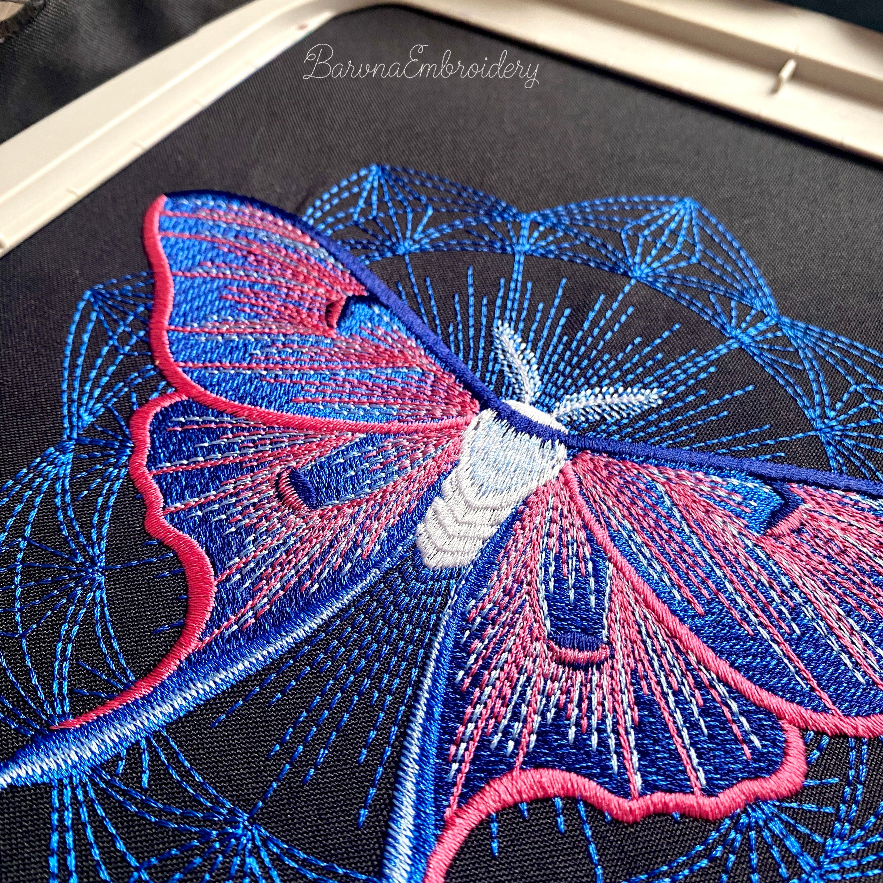 Four luna moth machine embroidery designs with celestial and decorative elements