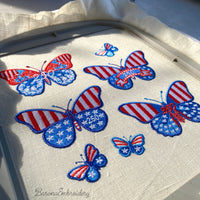 Patriotic butterfly machine embroidery designs in red white and blue with stars stripes and 250 celebration theme.