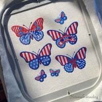 Patriotic butterfly machine embroidery designs in red white and blue with stars stripes and 250 celebration theme.