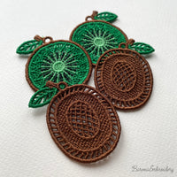 Four FSL kiwi embroidery designs in two styles — green kiwi cross-section and brown whole kiwi fruit — shown as mirrored pairs, Free Standing Lace machine embroidery pattern for earrings and pendants.