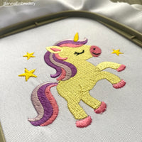 A cute unicorn machine embroidery design with a simple stitch pattern, perfect for girls’ clothes, pillows, and handmade gifts.