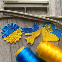 Sunflower Ukrainian flag embroidery design with satin border – ideal as a patch or for shirts, bags, and patriotic decor.