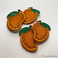 FSL mango embroidery designs in two sizes with mirrored pairs — golden lace body with green leaf — shown as design preview and finished stitched result, Free Standing Lace machine embroidery pattern for earrings and charms.