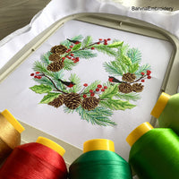 Christmas wreath Machine embroidery designs, Pine cone branch embroidery design, Instant download