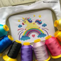 Cute unicorn embroidery design running on a rainbow with stars and clouds – ideal for girls’ clothes or nursery decor.