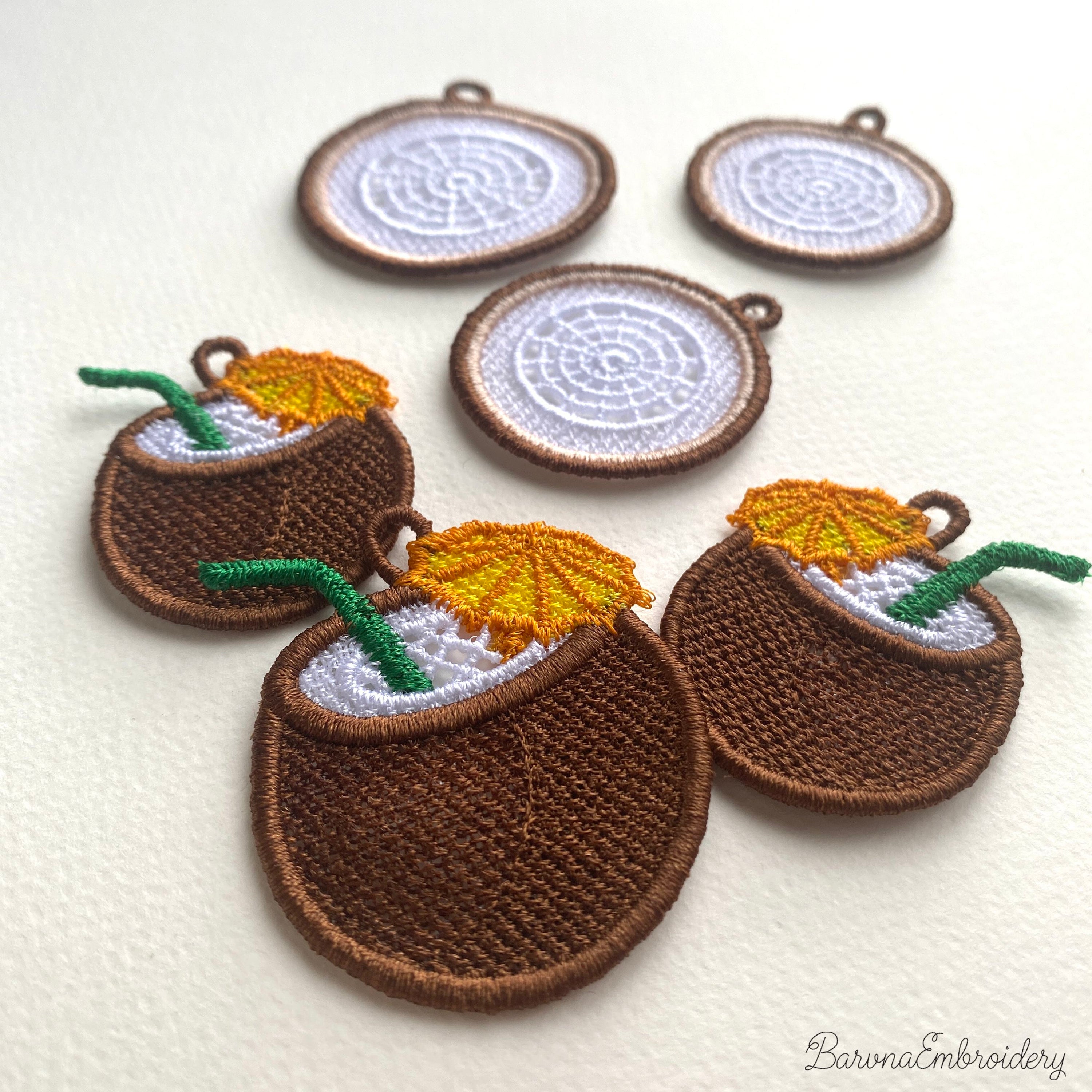 FSL coconut embroidery designs in two styles — round coconut slice with white lace interior and coconut cocktail with straw and umbrella — finished stitched results and design preview, Free Standing Lace machine embroidery pattern.
