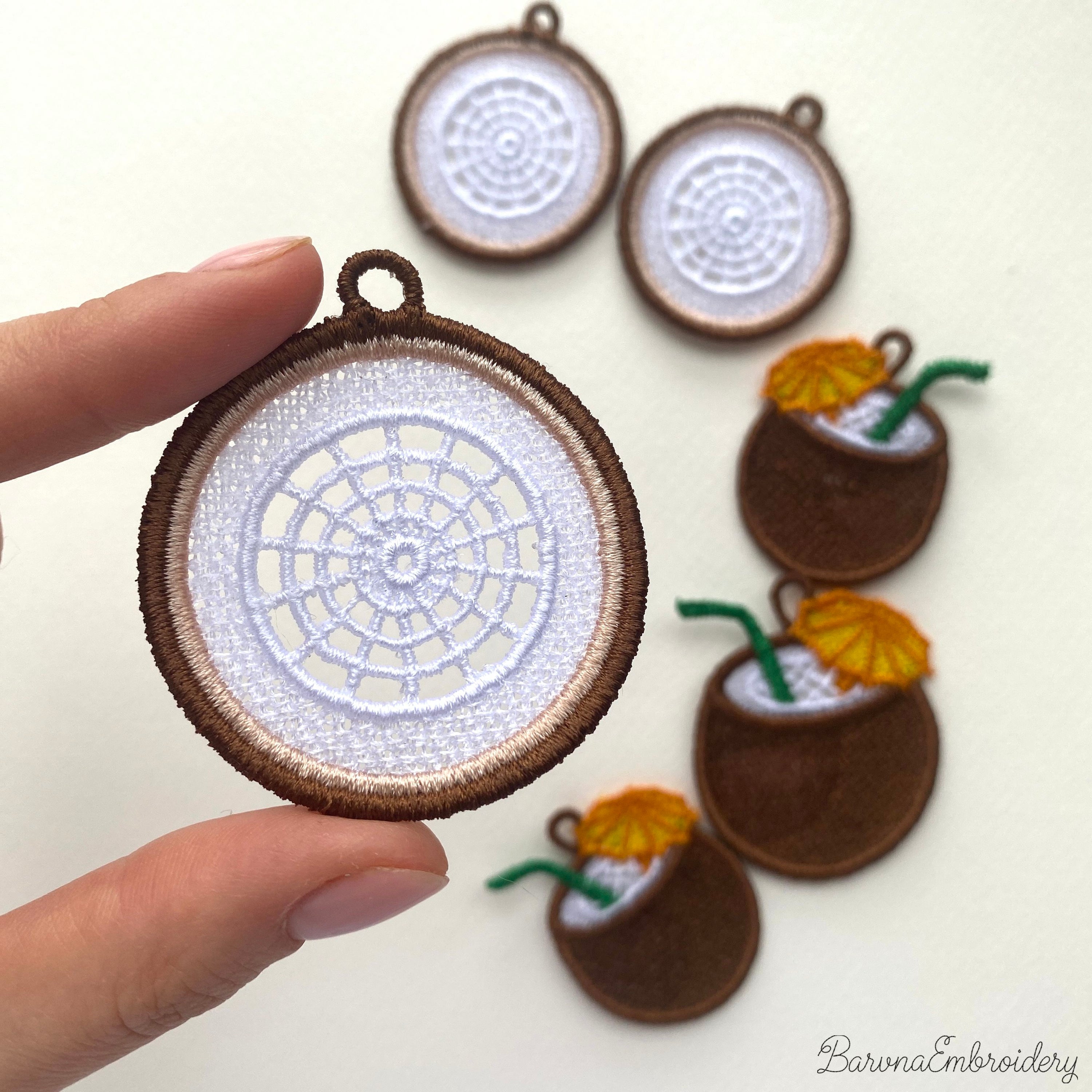 FSL coconut embroidery designs in two styles — round coconut slice with white lace interior and coconut cocktail with straw and umbrella — finished stitched results and design preview, Free Standing Lace machine embroidery pattern.