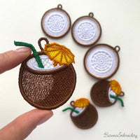 FSL coconut embroidery designs in two styles — round coconut slice with white lace interior and coconut cocktail with straw and umbrella — finished stitched results and design preview, Free Standing Lace machine embroidery pattern.