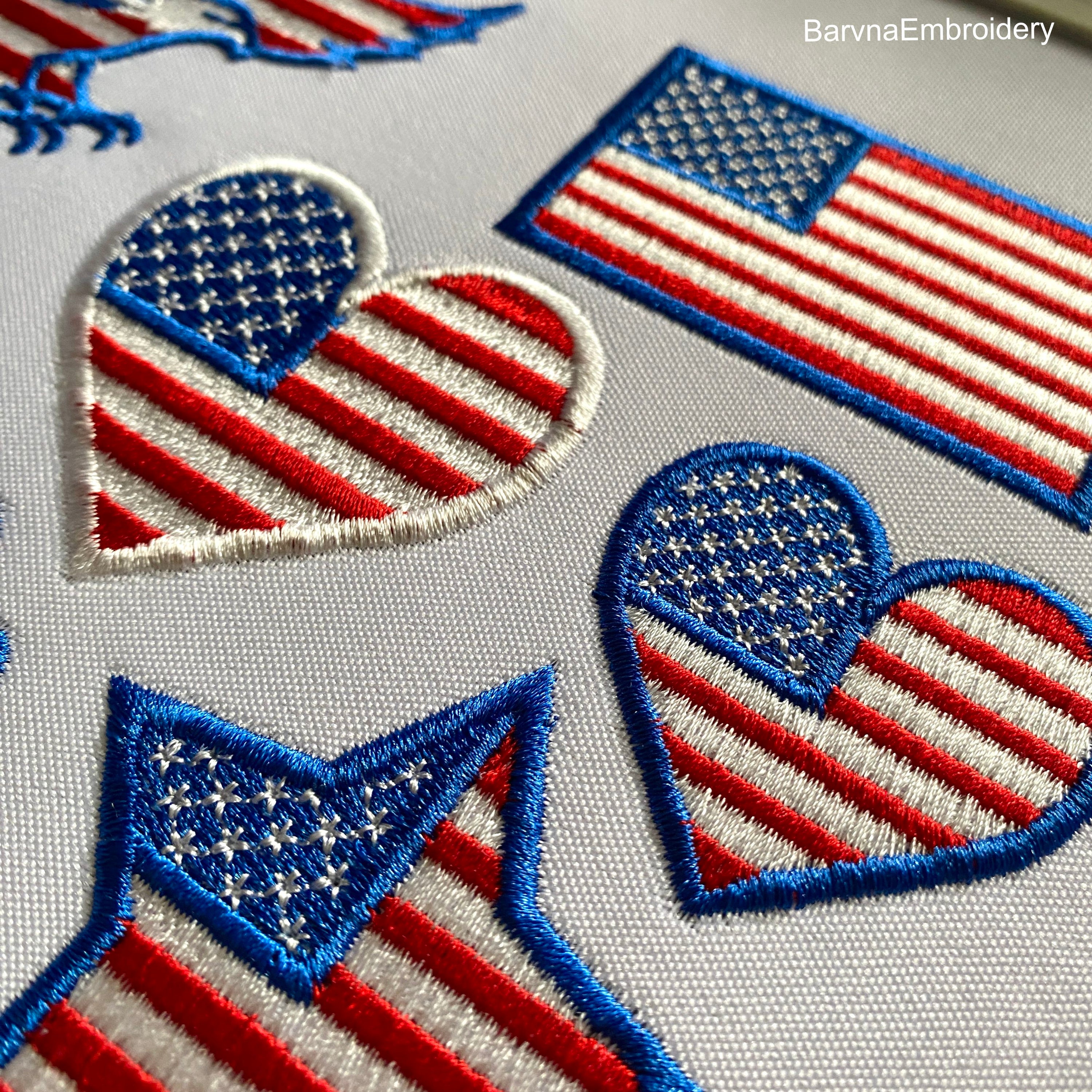 Machine embroidery design of the USA flag in the shape of a heart, perfect for patriotic projects.