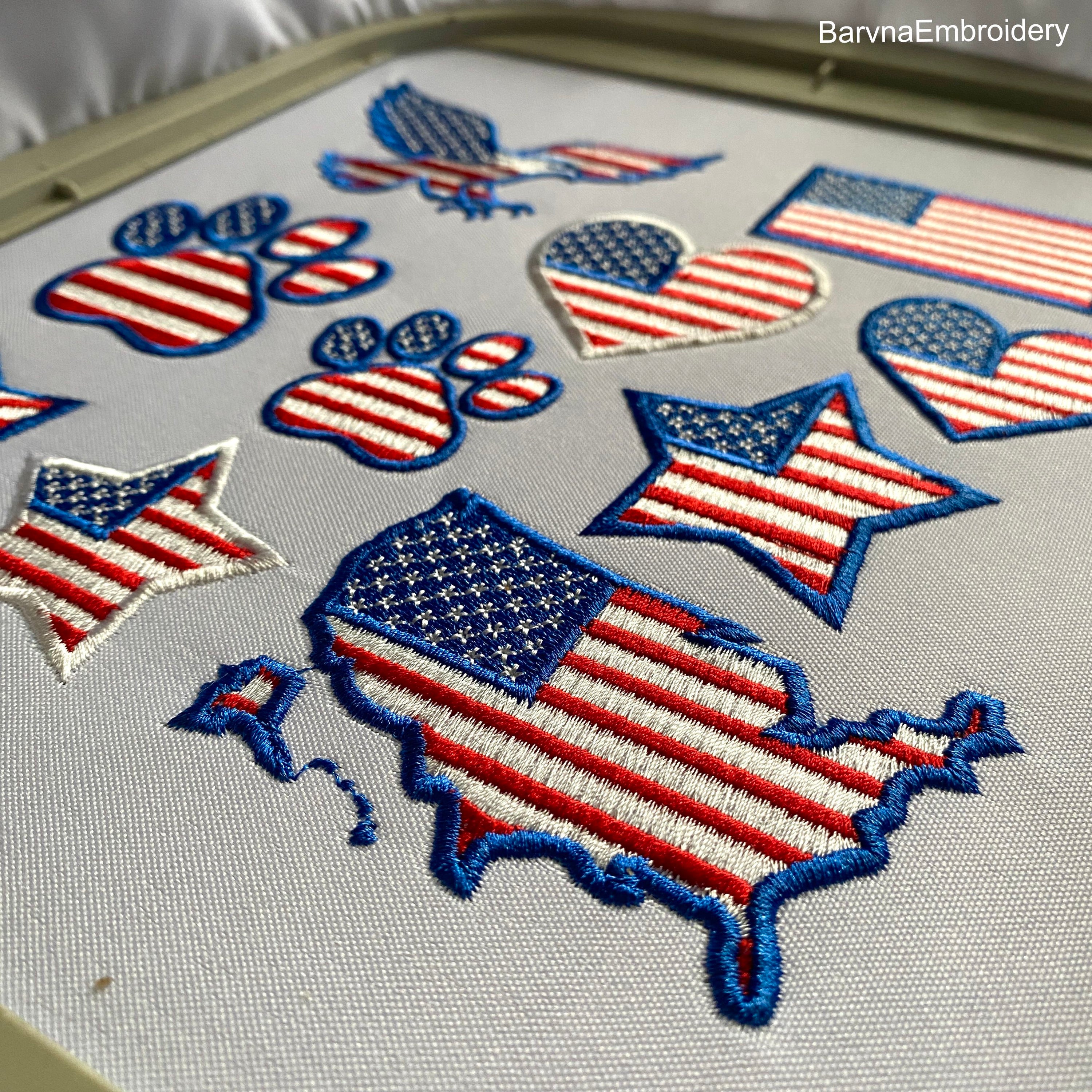 Machine embroidery design of the USA map with American flag colors, great for patriotic patches and decor.