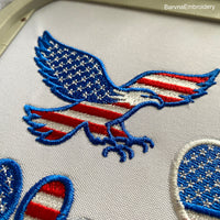 Machine embroidery design of a bald eagle in USA flag colors, perfect for patriotic patches and decor.