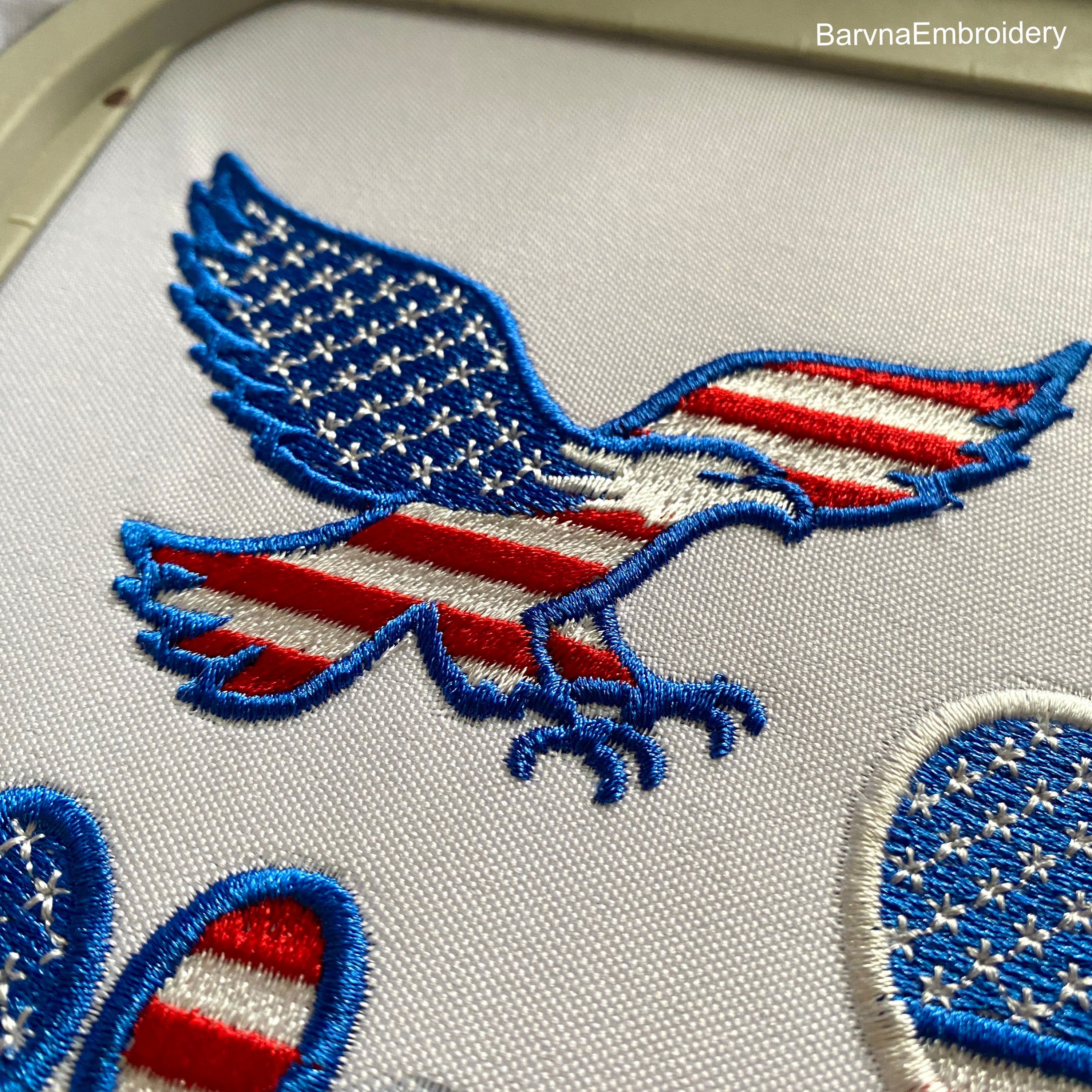 Machine embroidery design of a bald eagle in USA flag colors, perfect for patriotic patches and decor.