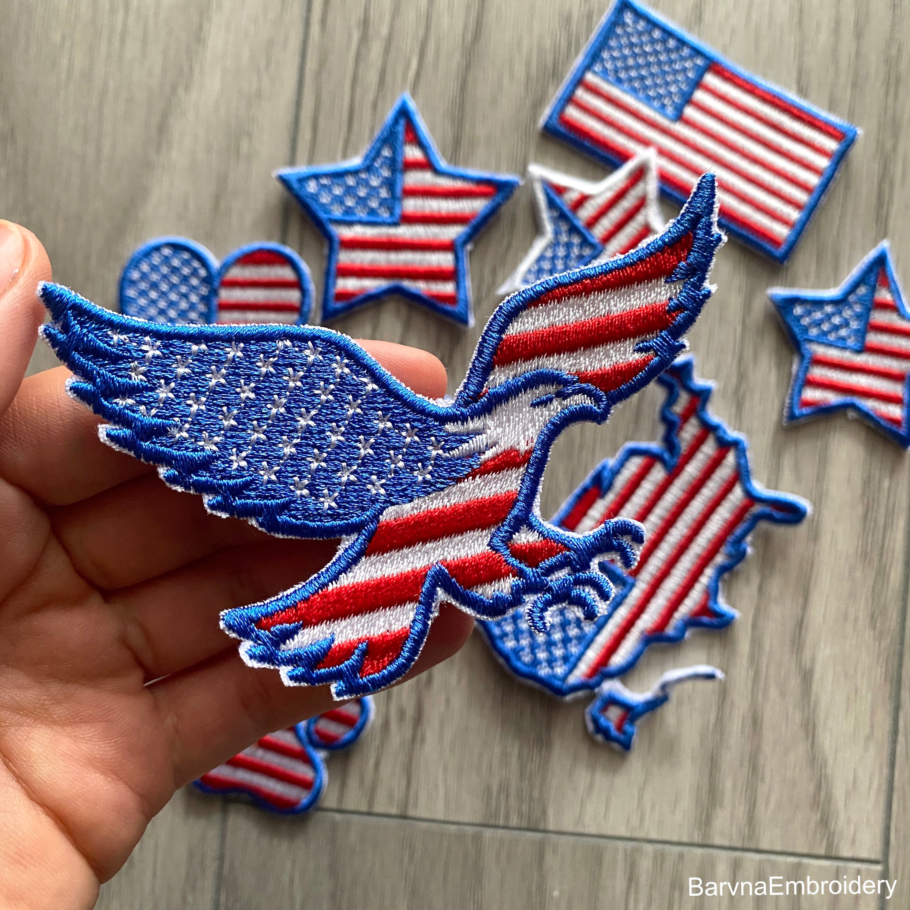 Machine embroidery design of a bald eagle in USA flag colors, perfect for patriotic patches and decor.
